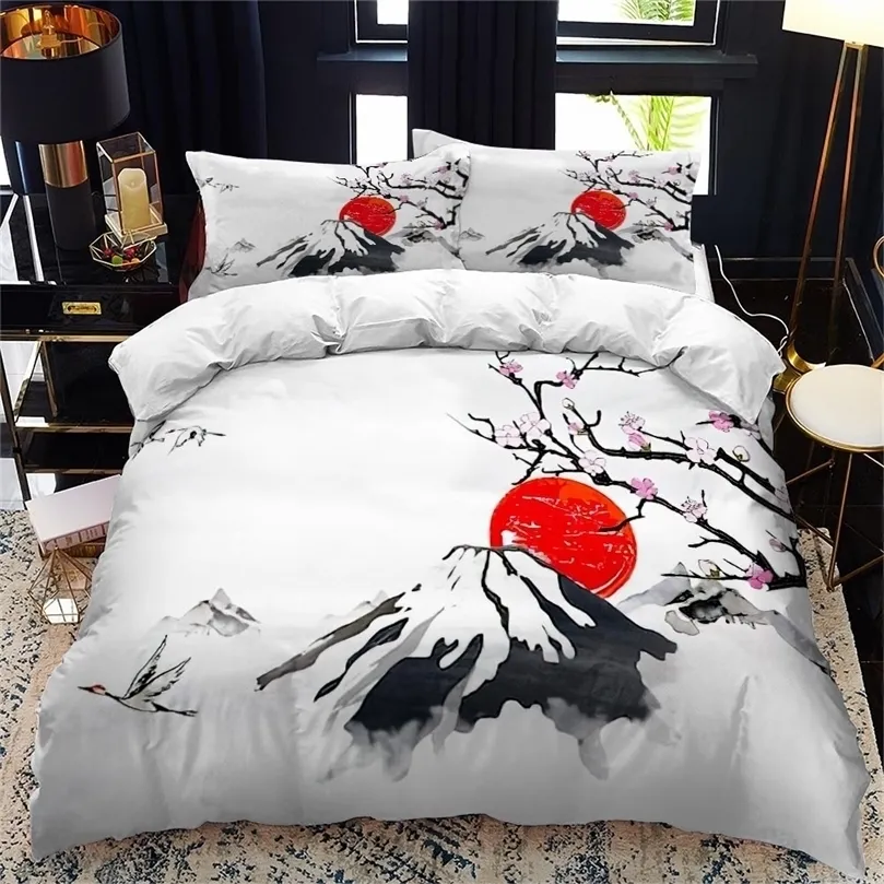 Bedding sets JapaneseStyle Duvet Cover Set King Queen Full Size Ukiyoe Theme Wave Pattern Polyester Bedding Set Fuji Mountain Exotic Style 221010