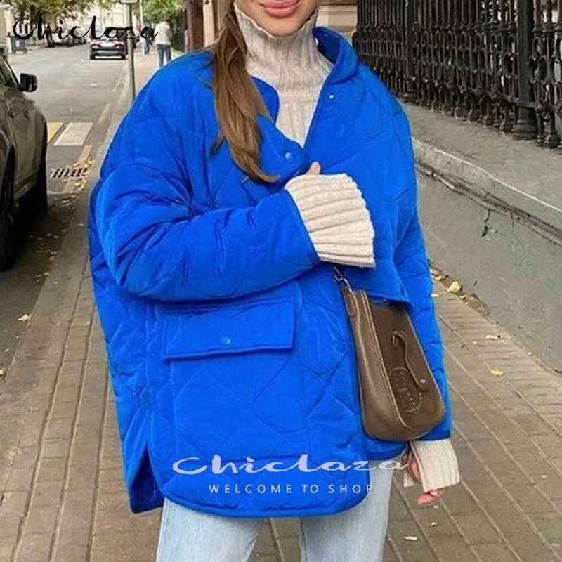 Women's Down Parkas CHICLAZA 2022 Woman Autumn And Winter Parkas Female Casual Loose Cotton-Padded Blue Round Neck Cotton-Padded Coat T221011