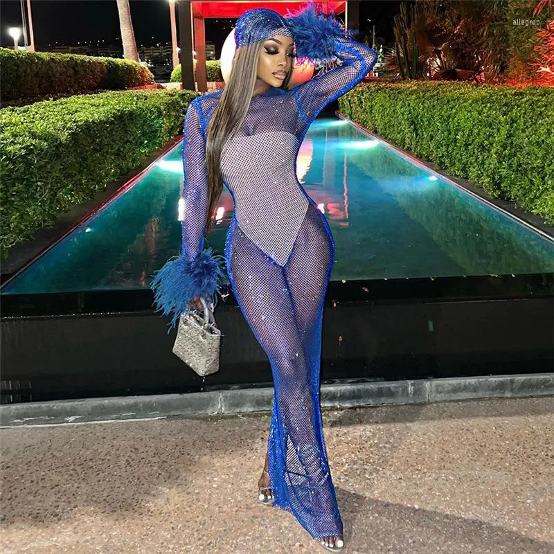 Casual Dresses Adogirl Fashion Y2K Blue Transparent Mesh Evening Maxi Women Sexig Se genom Night Party Club p￤ls ￤rm L￥ng kl￤nning