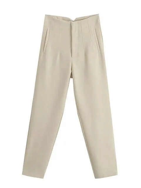 Women Chic Office Wear Straight Pants Vintage High Ladies Trousers