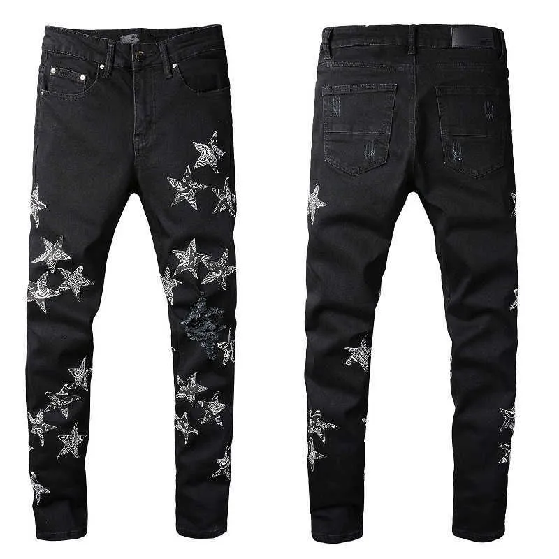 Jeans pretos masculinos para caras joelho rasgado Slim Fit Skinny Star Patches vestindo motociclista de jeans de moto machado