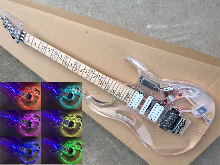 Guitare électrique acrylique transparente avec lumière LED colorée, manche en érable, offre personnalisée