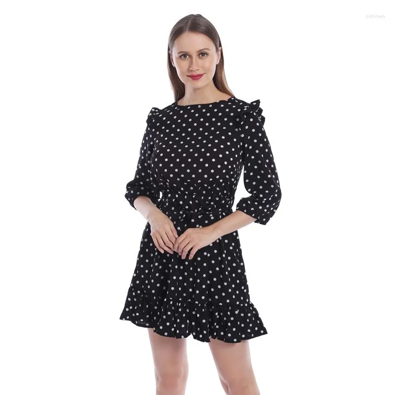 Casual Kleider Frauen Sommer Kleid Dot Rüschen O Hals Hohe Taille Mini Drei Viertel Laides Niedlich