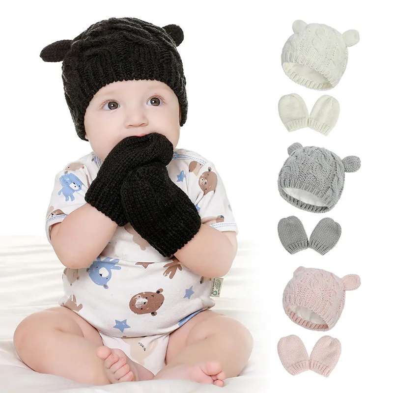 2 PCS Baby Kids Girls Boys Winter Warm Knit Hat Cute Glove Lovely Beanie Cap Set 0-18 Month WLL1719