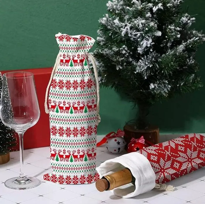 14x5.5inch Christmas Decorations Sublimation Blank Wine Bottle Bags with Drawstrings Reusable gift bag Bulk for Halloween Christmas DIY Wedding Party