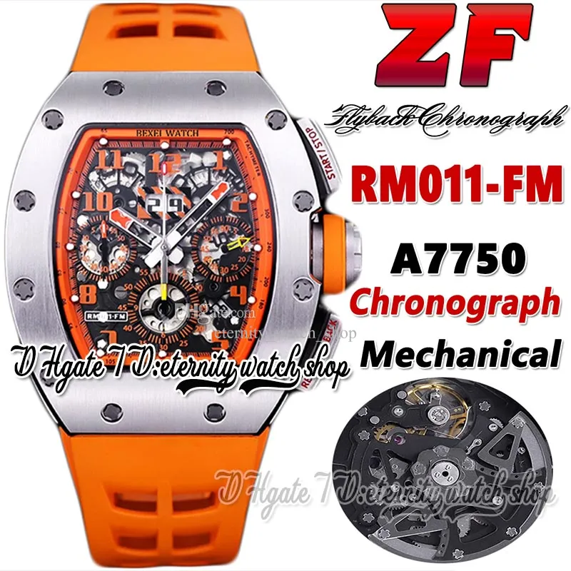 Z Senaste version FM2022011 MENS Titta på A7750 Kronograf Automatisk stålfodral Stålskelett Dial Number Markers Orange Rubber Strap Super Edition Eternity Watches