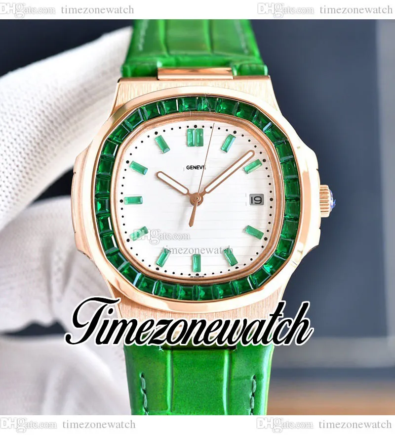 40 mm 5711 automatisch herenhorloge witte textuur wijzerplaat 5711 / 1300A rosé gouden kast diamant rechthoek groene edelstenen bezel lederen band horloges timezonewatch E234A4