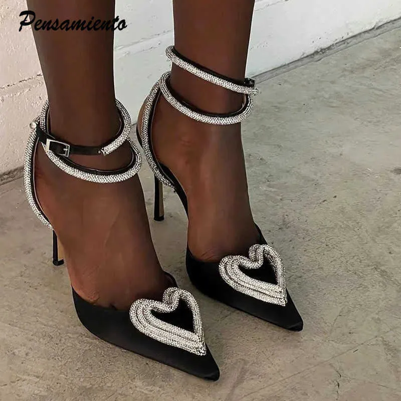 Dress Shoes Ins style Luxury Rhinestones Heart-shaped Women Pumps Sexy Ankle strap Satin Thin High heels Female Summer Party Prom Shoes T220927