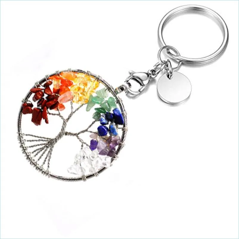 Key Rings Natural Broken Stone 5Cm Wrap Tree Of Life Key Rings Keychains Healing Rose Crystal Car Decor Keyholder For Women Men Drop Dhi86