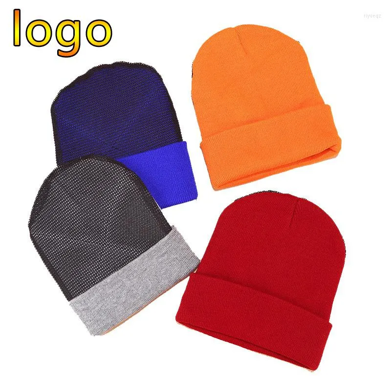 Berets Winter Individuelles Logo Mesh Stricken Hut Unisex Hip Hop Elastische Skullies Beanies Caps Für Männer Frauen Einfarbig Warme gestrickte Kappe