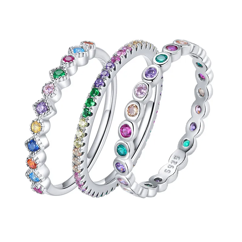 Authentic 925 Sterling Silver Multi color Zircon Band Finger Ring for Women New Simple CZ Stone Anillos Jewelry Gift