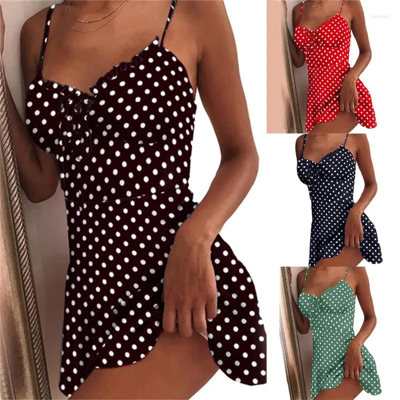 Robes décontractées été cravate avant col en V élégant Sexy Dot imprimer Mini robe femmes hors épaule à volants fête Femme dos nu a-ligne