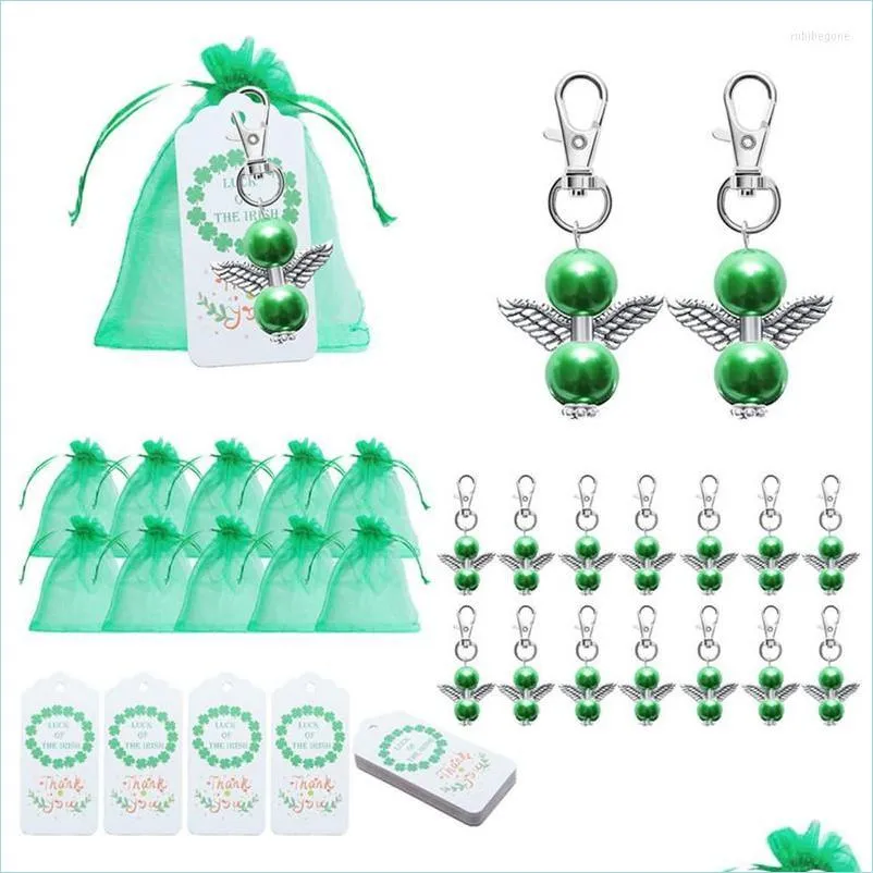 Emballage cadeau Emballage cadeau St. Patricks Day Ailes d'ange gardien Porte-clés Pendentif porte-clés Crochets avec sac de bonbons vert Irish Holiday Dhnxx
