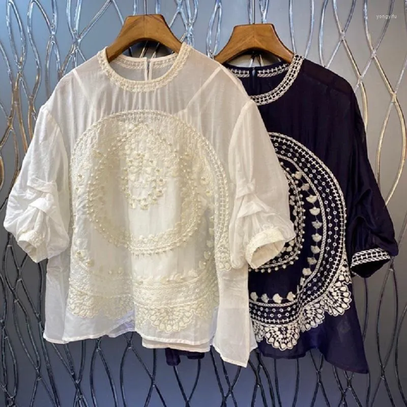 Chemises de chemisier de concepteur de haute qualité pour femmes 2022 Tops d'été du printemps Femmes Luxurious Per perle en soie bleu blanc coton