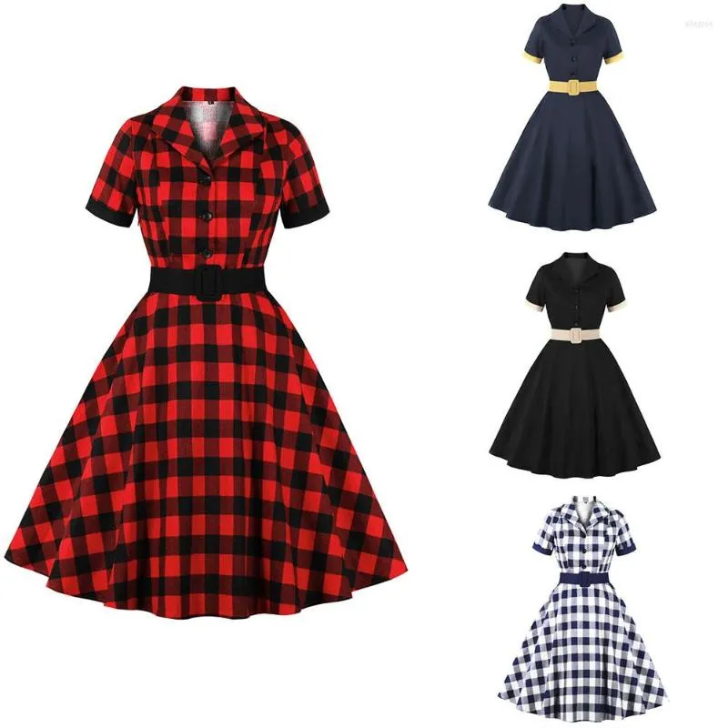 Casual Dresses Women Vintage Plaid Dress Retro Rockabilly V-Neck Cocktail Party 1950s 40s Swing Summer Short Sleeves