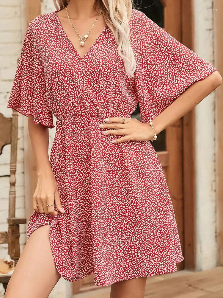 Robes décontractées DGIRL Robe pour femme Imprimer Col V-Col V-Manches courtes Jupe trapèze ample 2022 Saison printemps et été