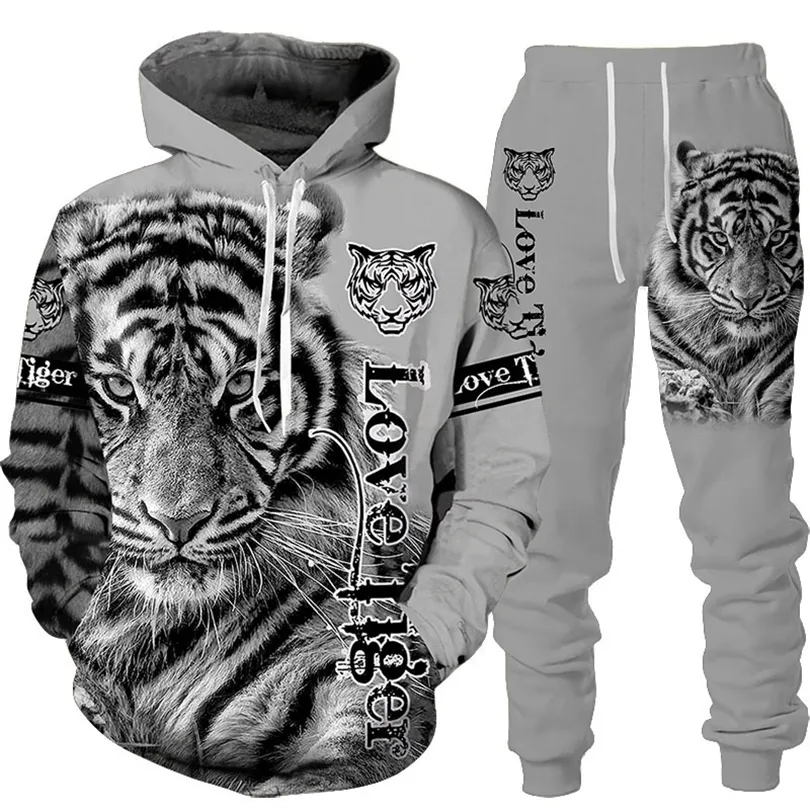 Mens Tracksuits Animal 3D Tiger Printed Hoodie Pants Suit Cool MenWomen 2 Pcs Sportwear Tracksuit Set Autumn And Winter Mens Clothing 221010