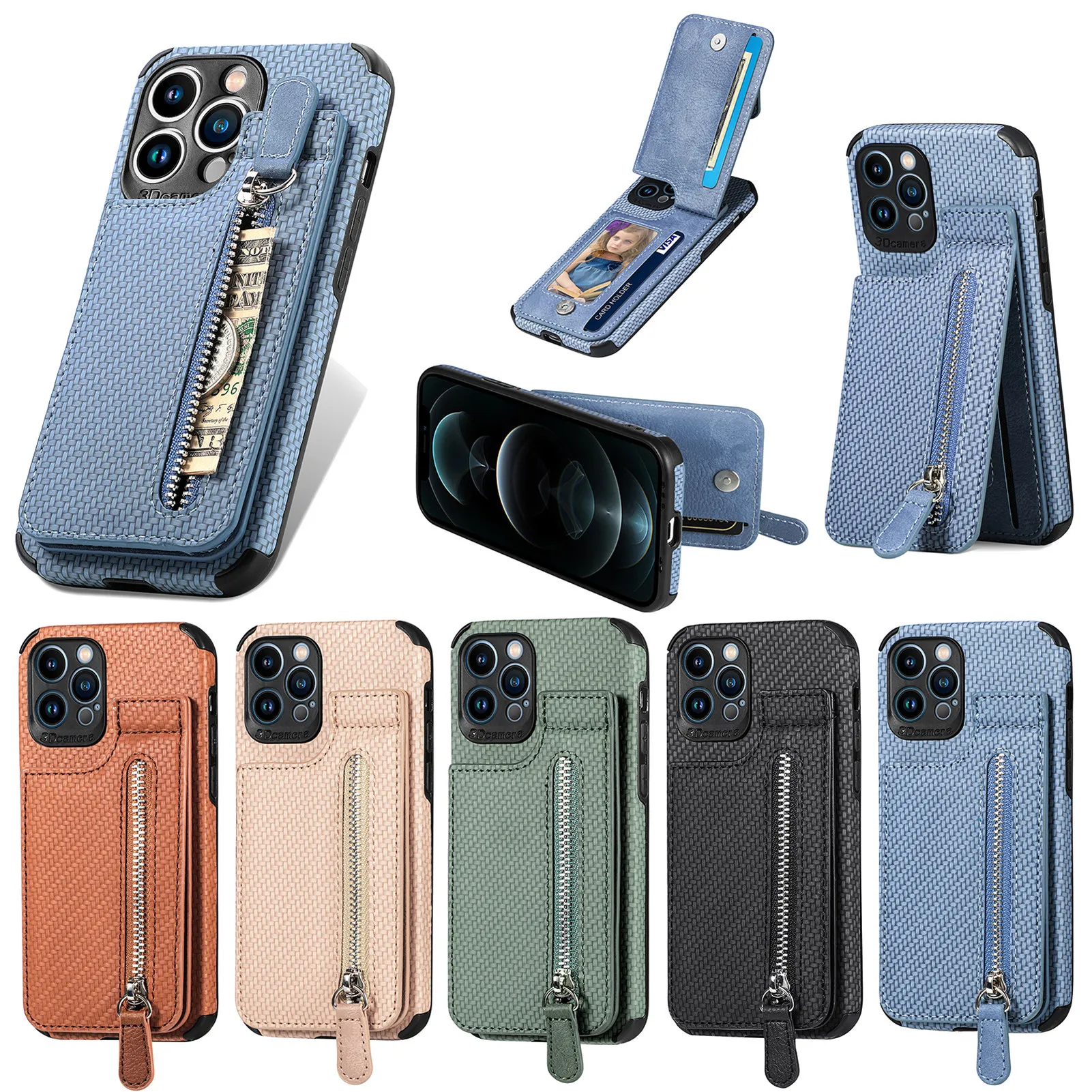 Fundas de teléfono de cuero con billetera y tarjetas con cremallera para iPhone 15 14 Plus 13 12 Mini 11 Pro Max X XS XR 8 7 6 6S SE, funda con tarjetero