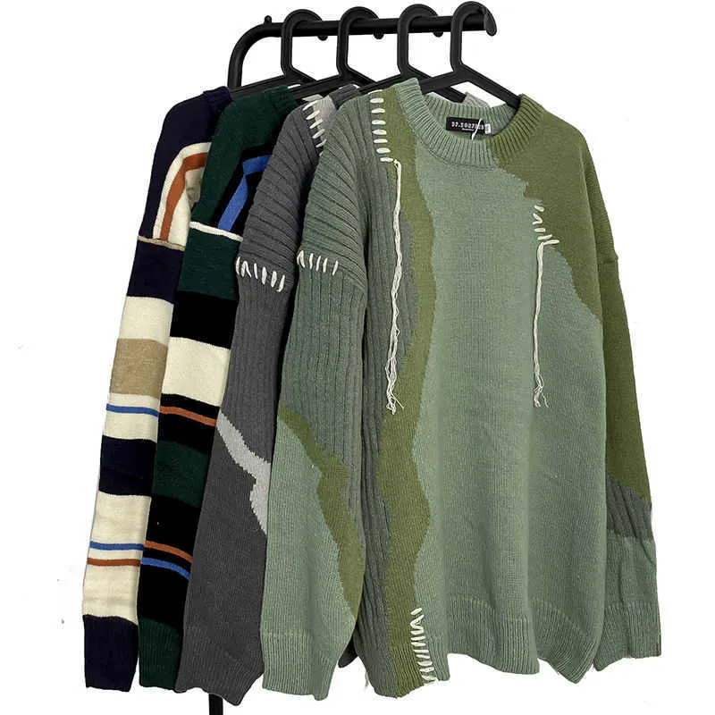 Men's Sweaters 2022 Musim Gugur dan Dingin Merek Trendi Desain Rasa Ceruk Warna Kontras Sweater Jahitan Pria Amerika Retro Tren Pakaian Rajut G221010