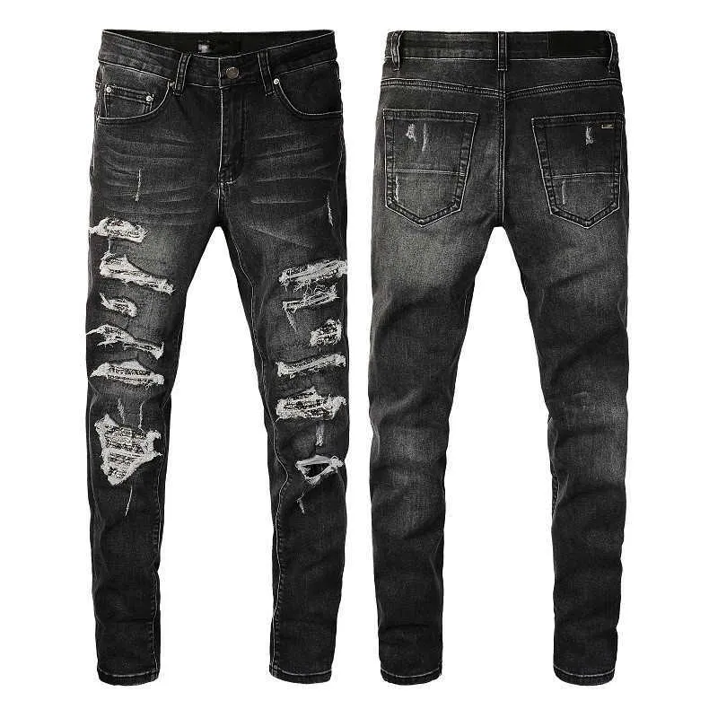 Designer jeans f￶r man Biker Mens Pants Slim Stretch Skinny Ejressed Motorcykel Patch Denim Fit With Holes Hip Hop Streetwear Straight Leg