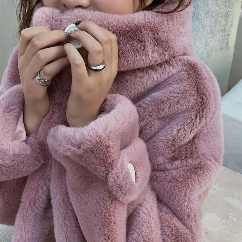 Women's Fur Hooded Coat Women Winter Faux Jacket Add Cotton Thicken Warm Outwear Casual Loose Large Size Furry Tops KW318