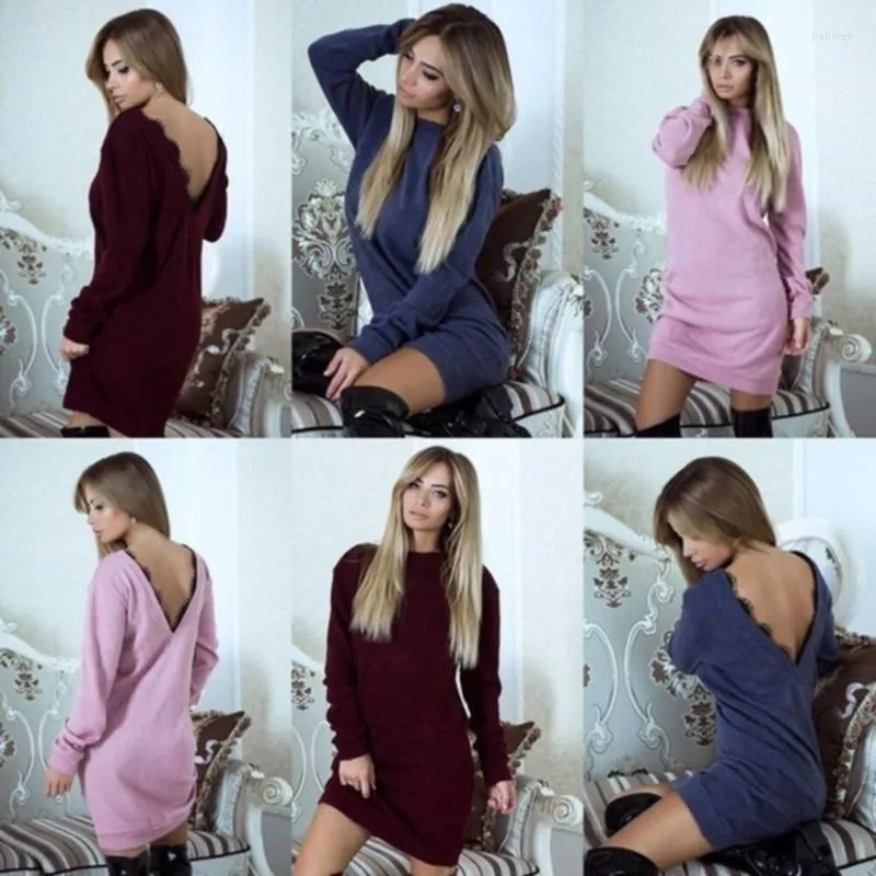 Casual Dresses Womens Dress Elegant Solid Full Sleeve Sexy V-neck Back Autumn Comfortable Loos Party