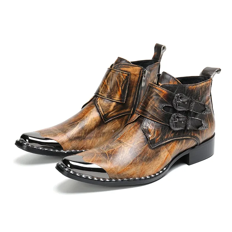 Western Cowboy Men's Boots Metal Head Rock Leather Ankle Boots For Men Buckles Bronze Motorcykel