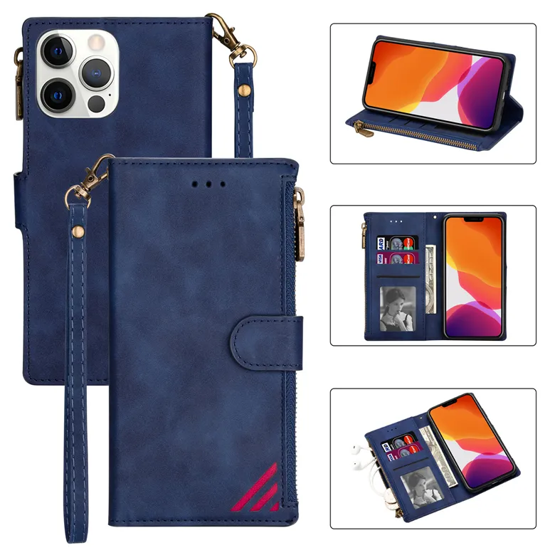 Retro Rope Magnetic Folio Zipper Phone Cases for iPhone 14 13 12 Mini 11 Pro Max XR XS 7 8 Plus Multiple Card Slots Matte Leather Wallet Chain Kickstand Protective Shell