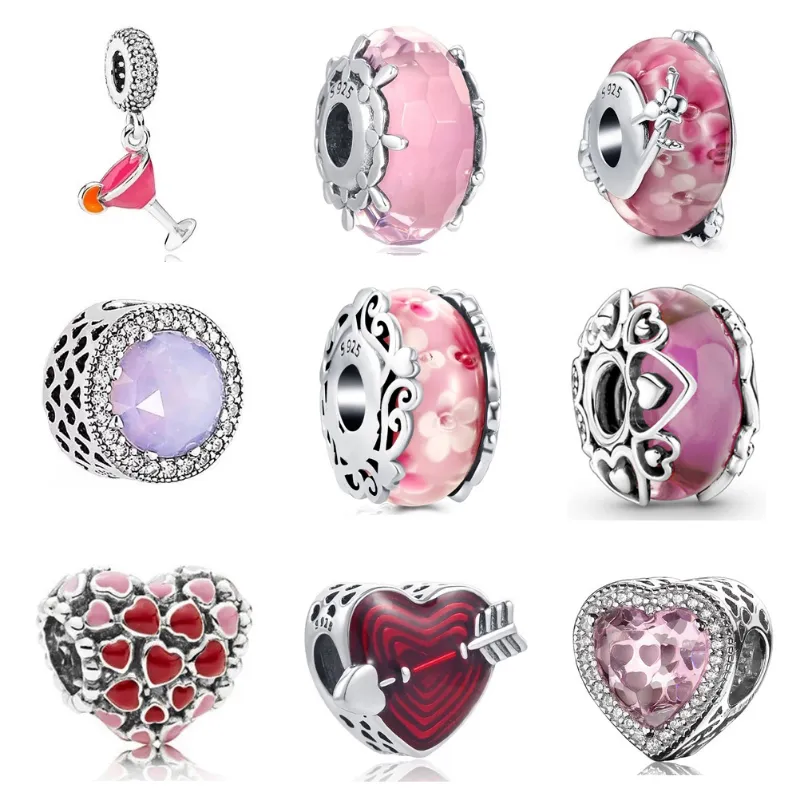 925 Sterling Silver Dangle Charm Women Pärlor Högkvalitativa smycken Gift grossist Red Love Heart Pink Flower Murano Glass Bead Fit Pandora Armband DIY