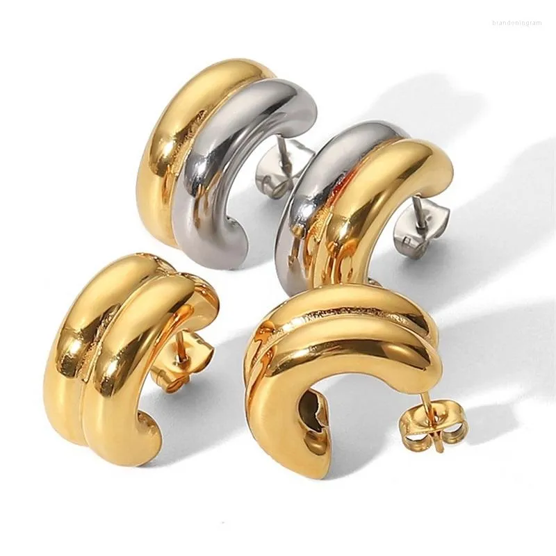 Kolczyki stadnonowe Youthway Stylowy geometryczny podwójny warstwę 18 K PVD Splated Golden Fashion Trenda Jewelry Women