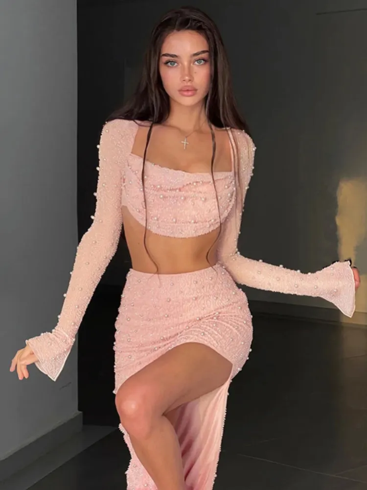 Elegant Pearl Two-Piece Dress Set: Sexy Midi Skirt Suit, Square Collar Top,  Perfect for Evening Parties Fashion Events Buy Now!