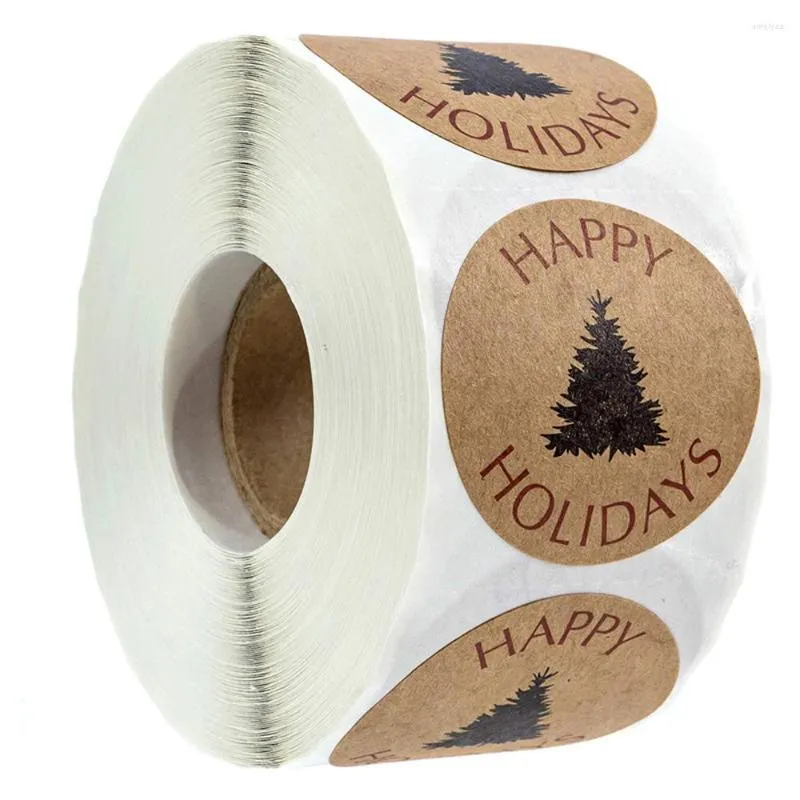 Presentförpackning 1 tum rund Kraft papper klistermärke Happy Holidays Packning Juldekoration Holiday Tag Stickers