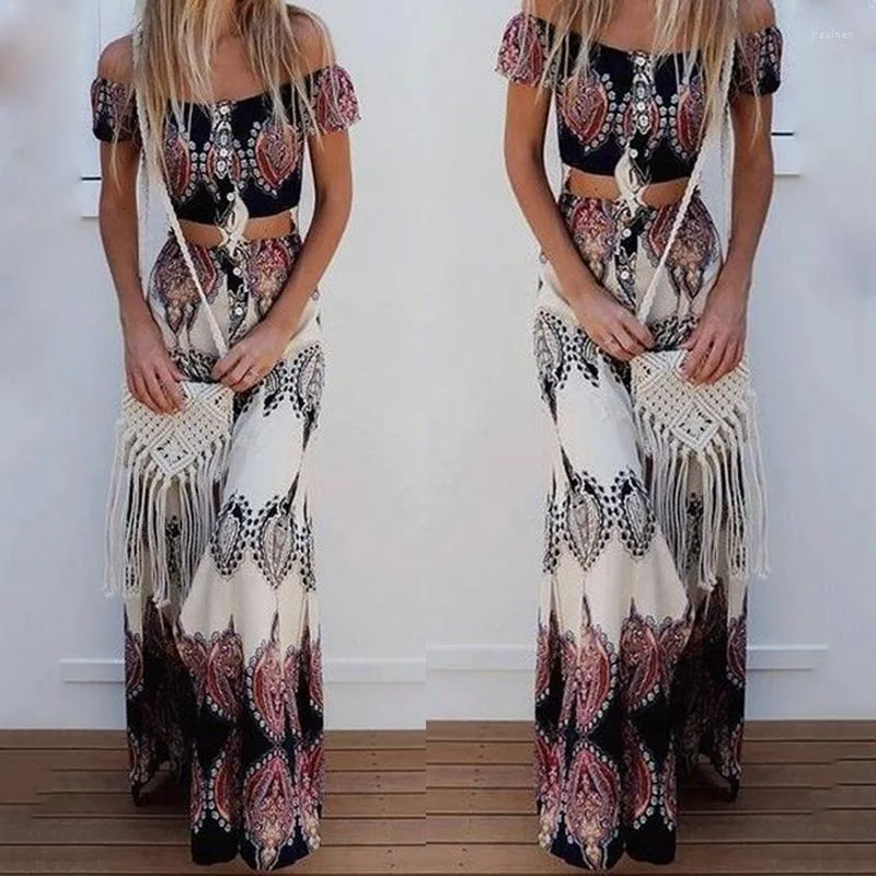 Robes décontractées été Boho Sexy sans bretelles Slash Neck manches courtes Crop Topsjupes longues mode impression plage Maxi jupe costume deux pièces