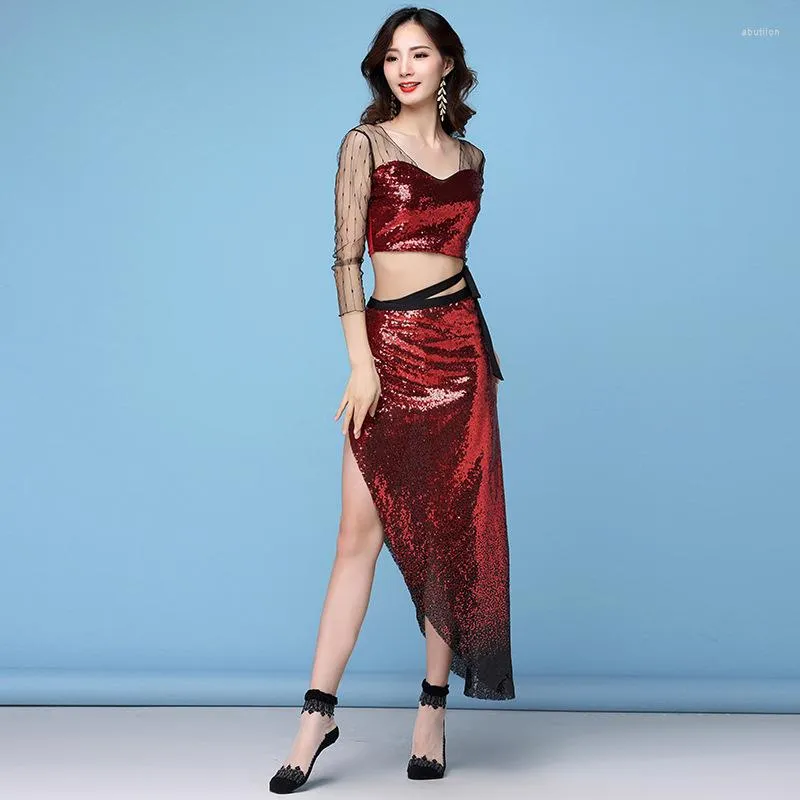 Stage Wear Fashion Women Belly Dance Clothes Stretchy Mesh Long Sleeves Sparkling Sequins Over Skirts Costume For Girls Hip Scarf