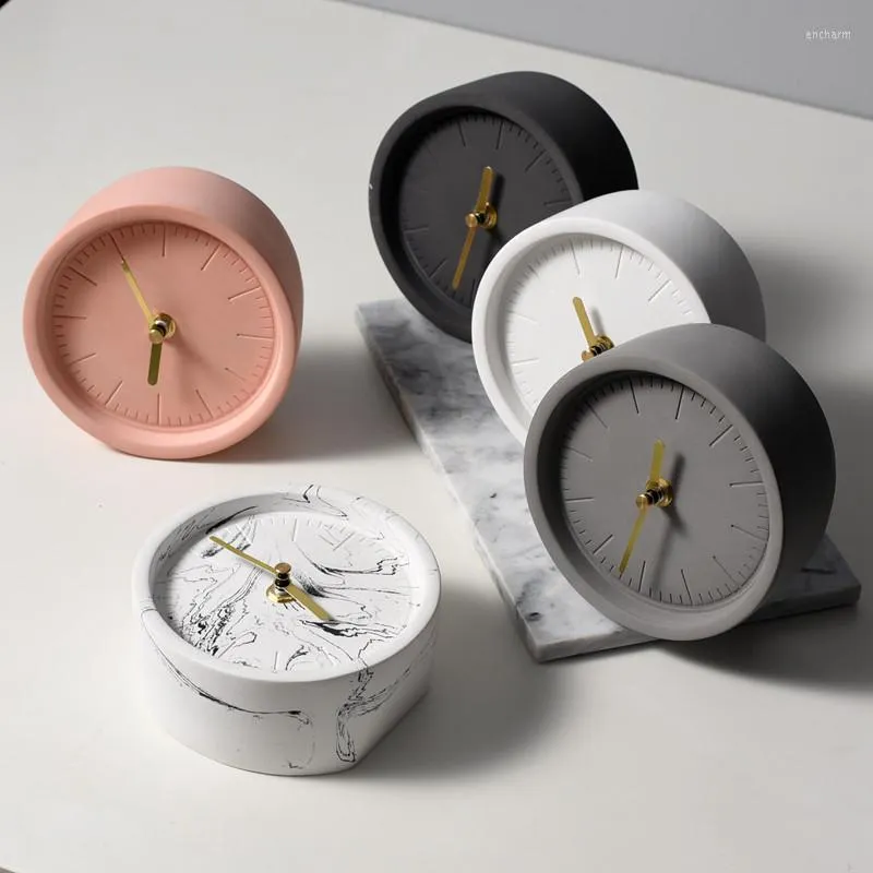 Table Clocks Nordic Style Cement Clock Industrial Wind Round Mute Desktop Home Decoration Ornaments