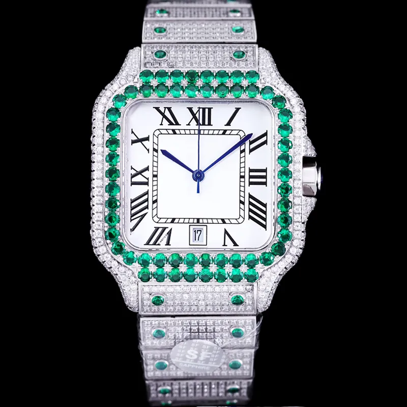 Watch Cartis Diamonds Silver Cz Men Luxury Watches Green Bezel Roman Numerals Missfox Square Automatic Eta8215 Movement Full Iced Out Crystal Zircon
