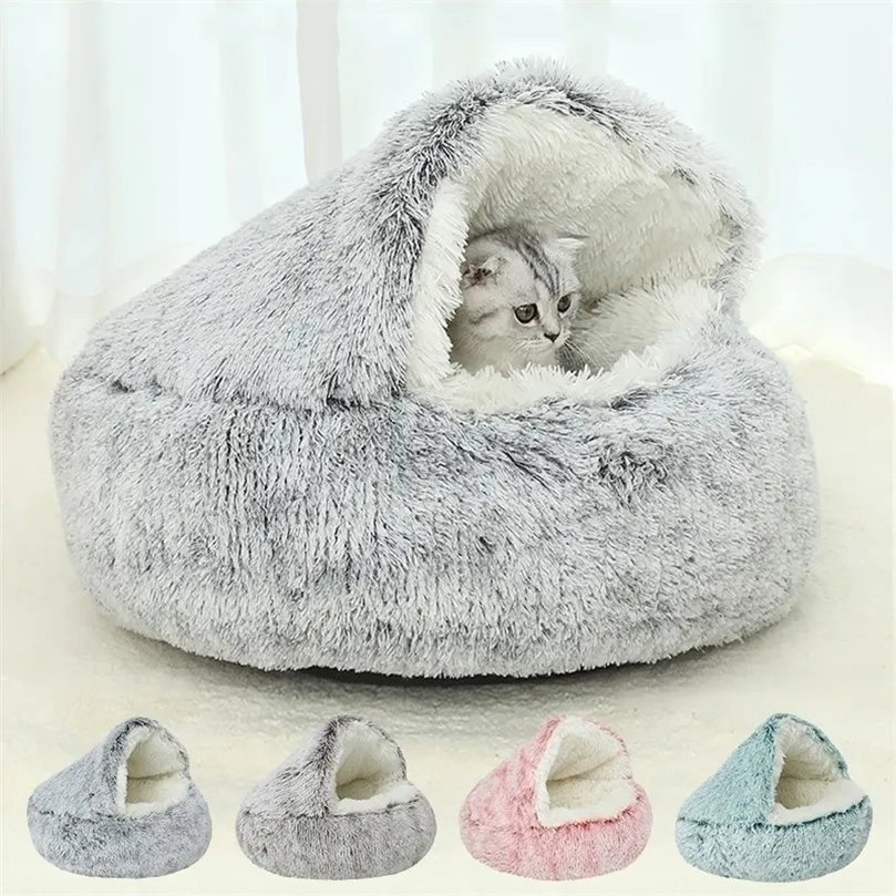 Cat Beds Furniture Winter Long Plush Pet Bed Round Cushion House Warm Basket Sleep Bag Nest Kennel For Small Dog 221010