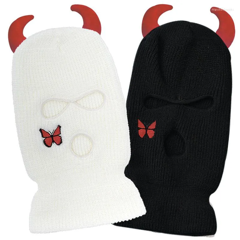 Basker horn vinter varma skidmaskhattar 3-håls stickade full ansiktsskydd balaclava hatt unisex roliga broderier beanies ridmöss