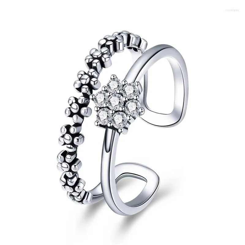 Cluster Rings BAMOER Genuine 925 Sterling Silver Elegant Daisy Flower Finger Ring Adjustable Open Size For Women Jewelry SCR428