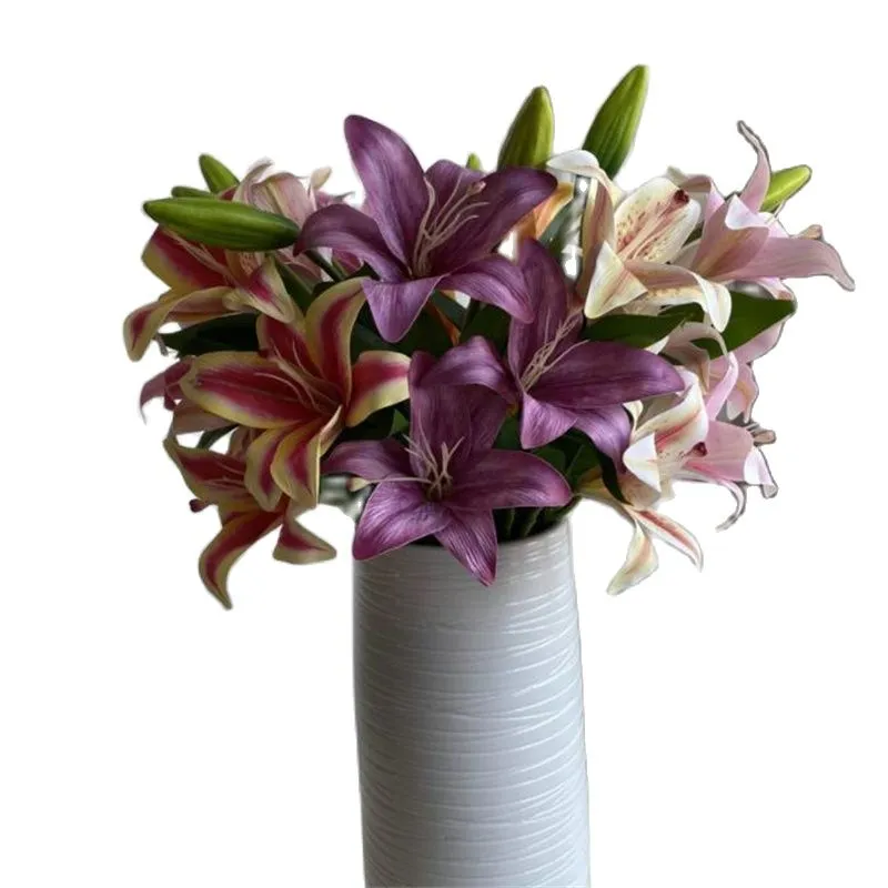 Jeden sztuczny kwiat długi łodyg 3D druk lilia 3 głowy na kawałek symulacja prawdziwa dotyk lilium brownii na ślubne elementy centralne