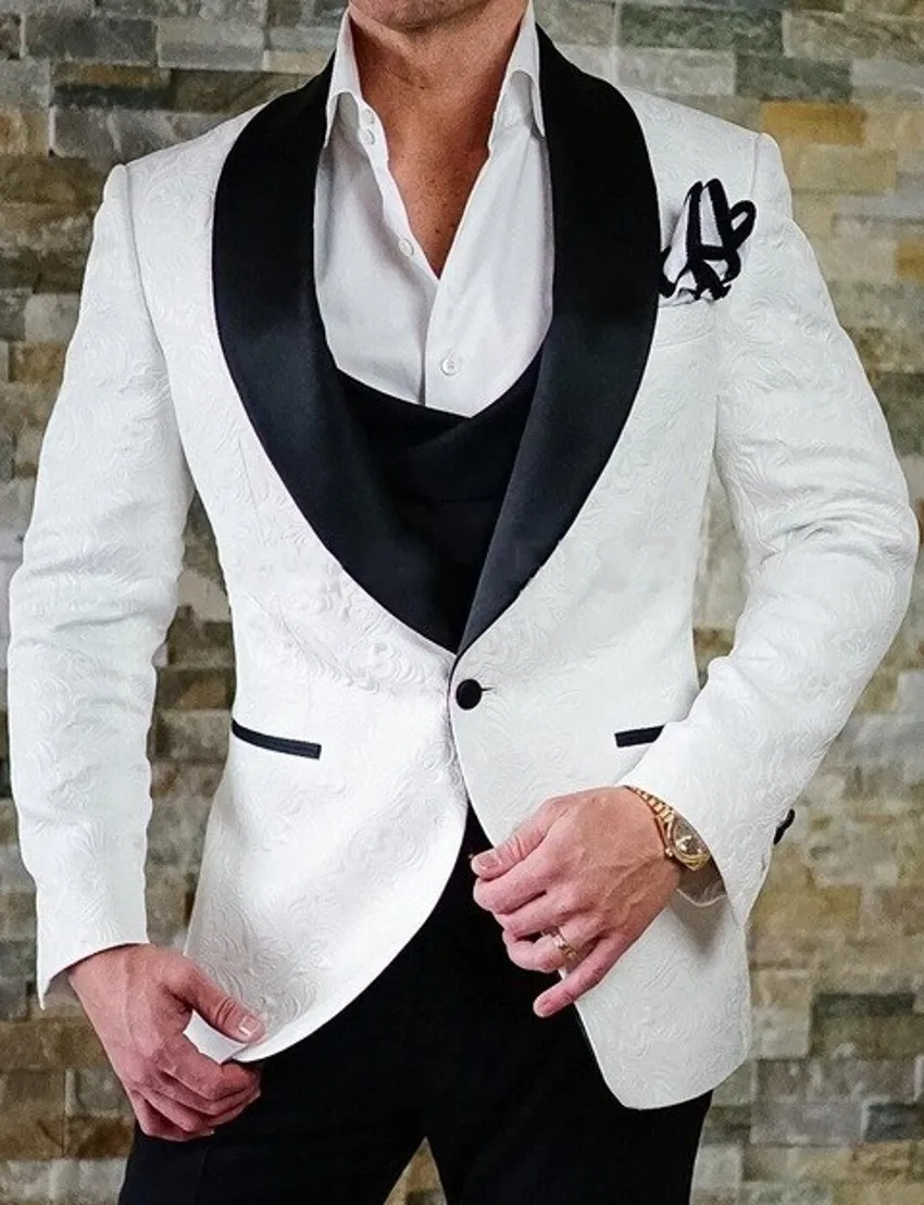 Doskonałe białe wytłoczanie mężczyzn ślubnych smoking czarny szal lapel szczupły fit groom smoking moda mody męskie kolację