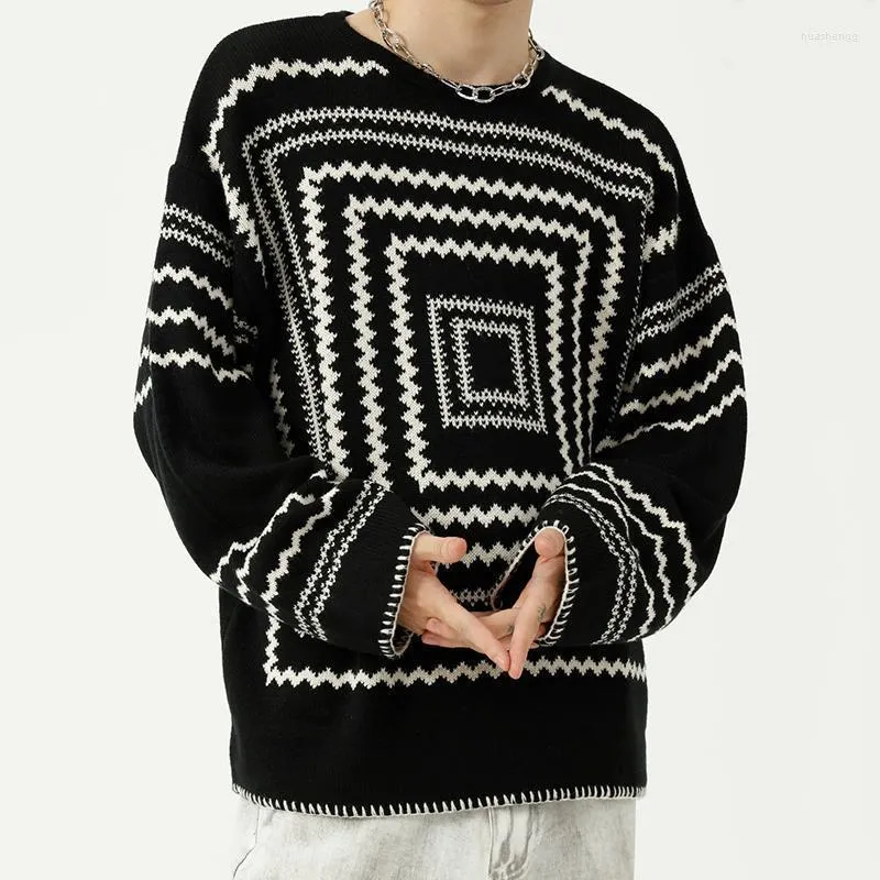 남자 스웨이터 남성 남성복 2022 가을 겨울 한국어 느슨한 풀오버 스웨터 기하학적 패턴 둥근 넥트웨어 탑 9y9055