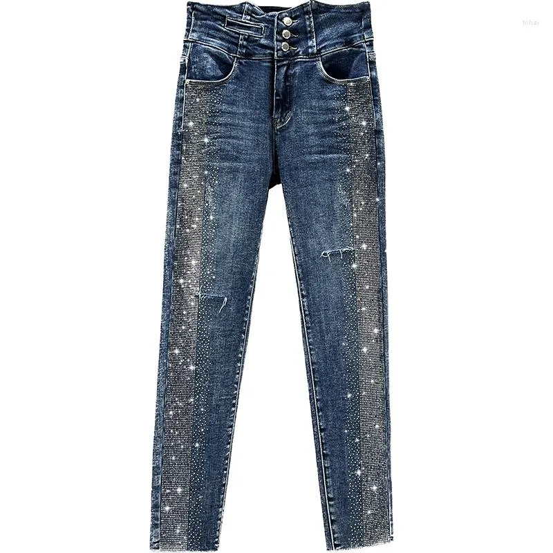 Rhinestone Jeans for Women Skinny Pants 2022 Autumn New High Waist