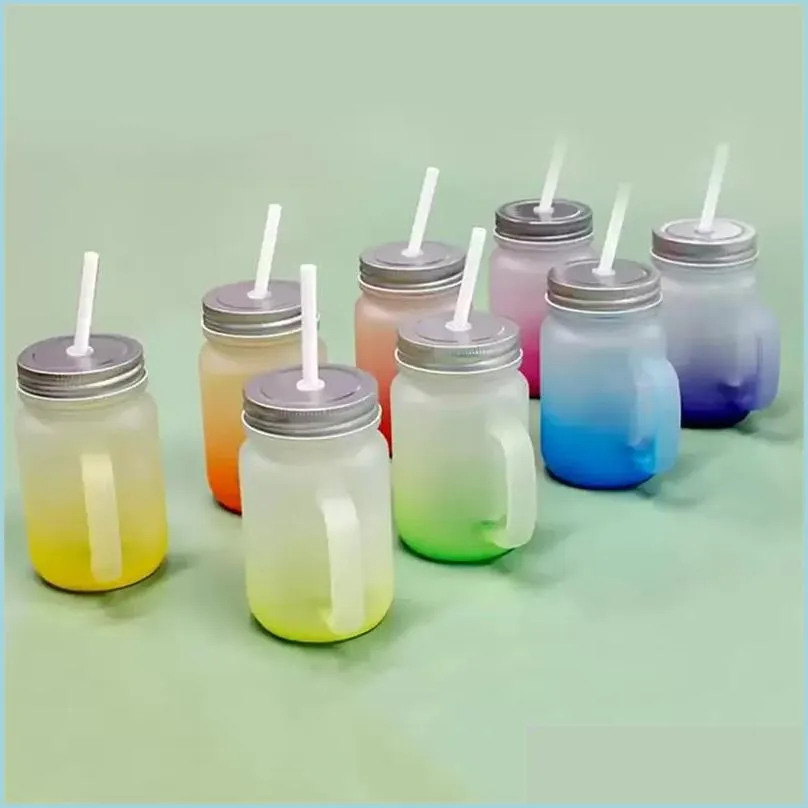 Tumblers Tumblers Sublimatie 430 ml Mason Jar met handgreep gradi￫ntglas thermische overdracht water fles Colorf Cups Drop levering 2022 DHeds