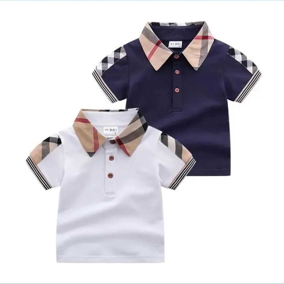 Skjortor Baby Boys Skjorta T-shirt med nedfällbar krage Sommar Barn Kortärmad Rutig T-shirt Gentleman Style Barn Bomull Casual Toppar Dhql9