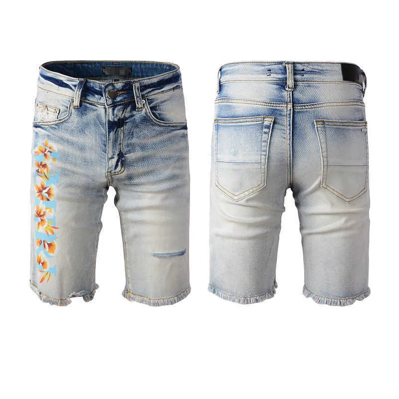 Amari Short Jeans Ripped Denim Man Skinny Designer Pantalon pour Jeunes Shorts Straight Jogger Zipper Mens Flower Print Little Blue Distress Destroyed