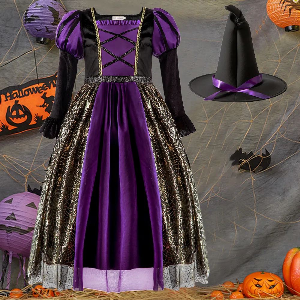 Costumes d'Halloween Robes pour enfants Vêtements de cosplay Costumes de sorcière pour filles avec chapeau pour les fêtes d'Halloween