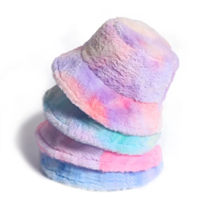 Abbigliamento etnico Donna Inverno Arcobaleno Colorato Tie Dye Cappello a secchiello Soffice peluche sfocato a tesa corta Protezione solare Spessore caldo Cappello Panama da esterno