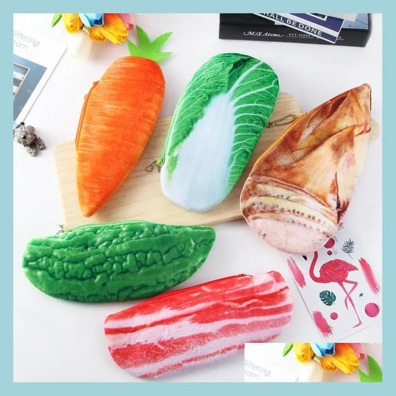 Pencil Cases Korean Creative Personality Students 3D Simation Ingredients Vegetable Plush Pen Bag Large Box Student Stationery Drop D Dhzvs