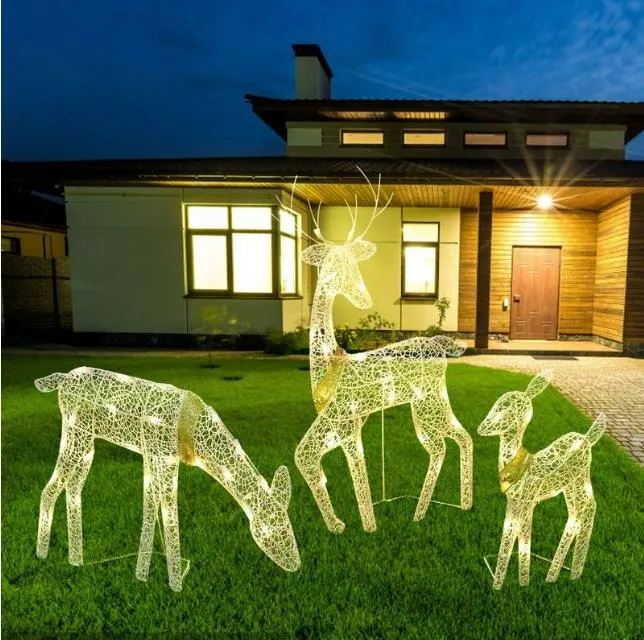 Christmas Decorations Set Of 3 White Glittered Doe Fawn Lighted Outdoor Christmas Winter Decoration For Front Yards